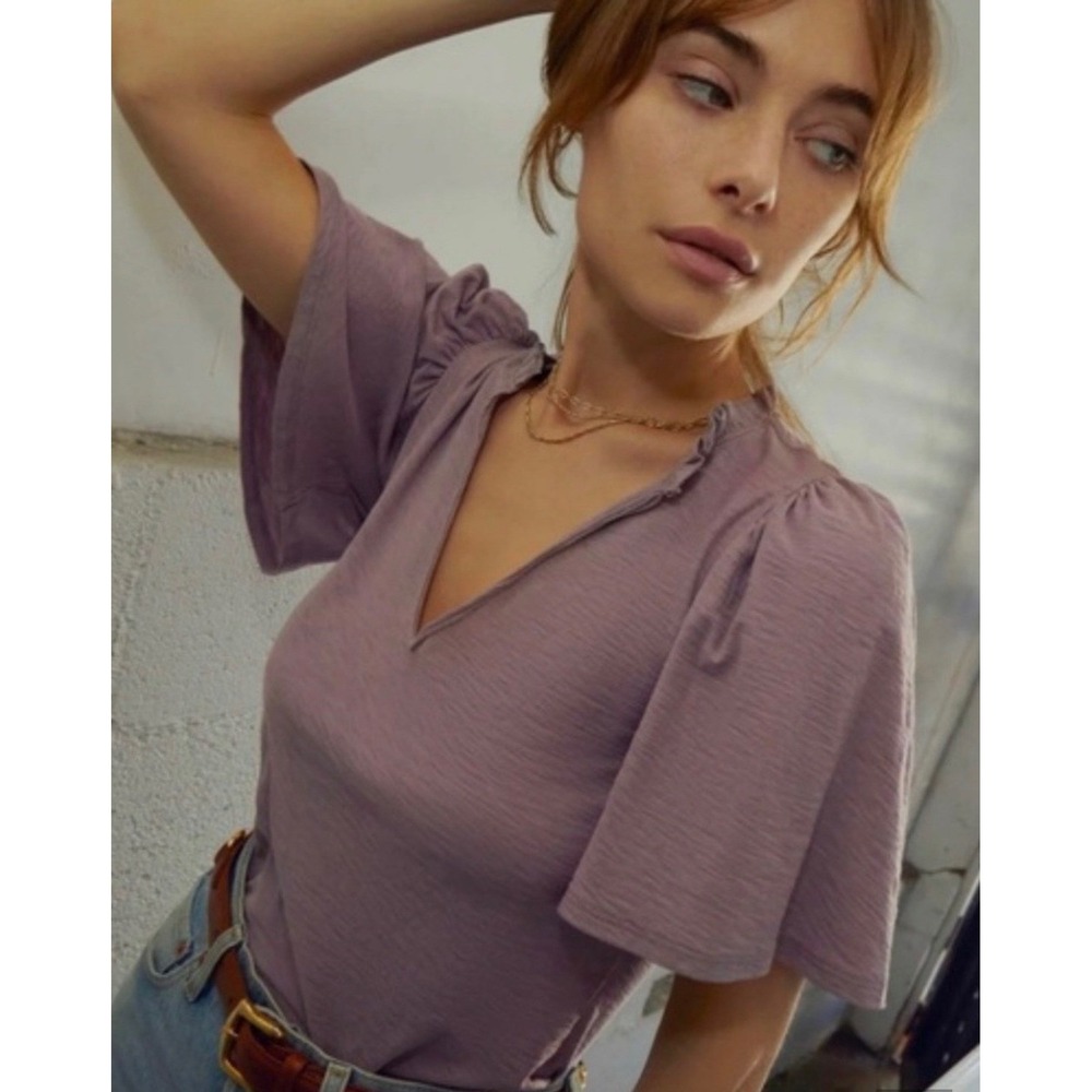 Nation LTD Mauve Pink Ruffle Neck Flutter Sleeve Slub Jersey Top Womens XS